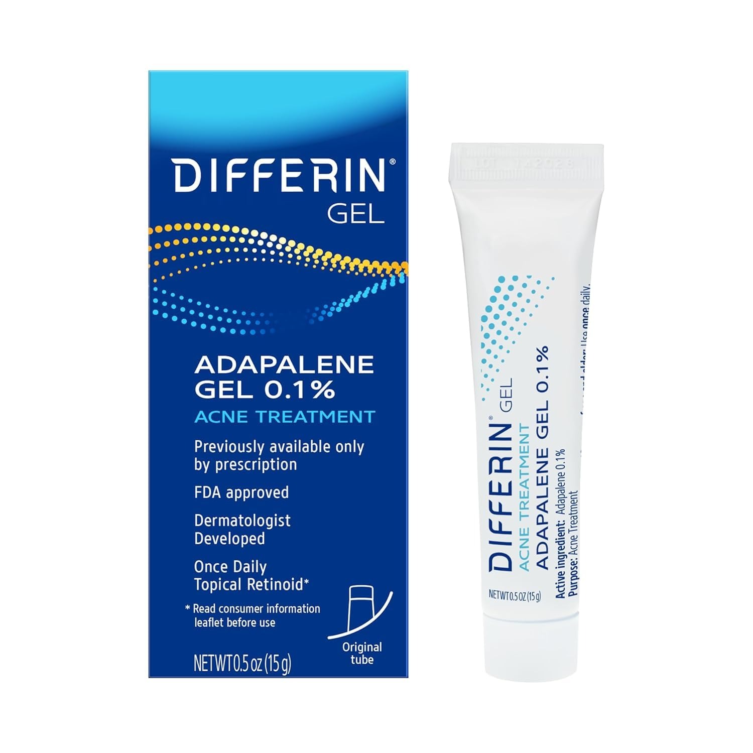 Differin, Differin Acne Treatment Gel, 30 Day Supply, Retinoid Treatment for Face With 0.1% Adapalene, Gentle Skin Care for Acne Prone Sensitive Skin, 15g Tube (packaging May Vary)