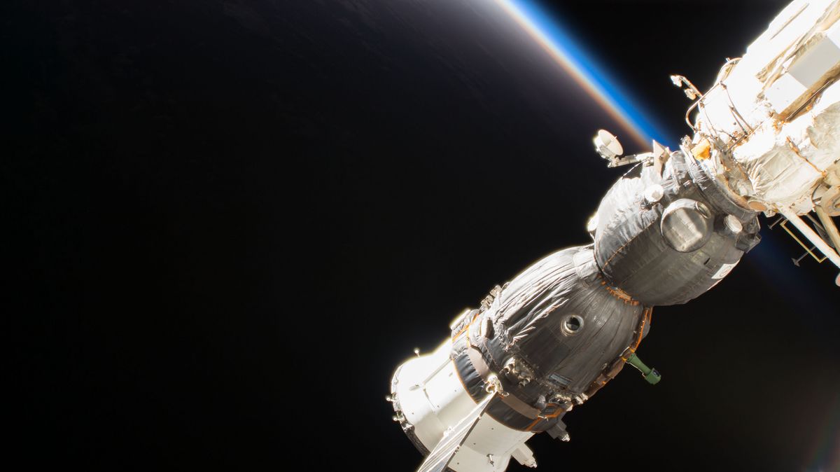 Russia&#039;s Soyuz MS-09 crew spacecraft is is shown docked to the International Space Station (ISS). The MS-09 carried NASA astronaut Serena M. Auñón-Chancellor, the European Space Agency&#039;s Alexander Gerst and cosmonaut Sergey Prokopyev to the ISS in June 2018.