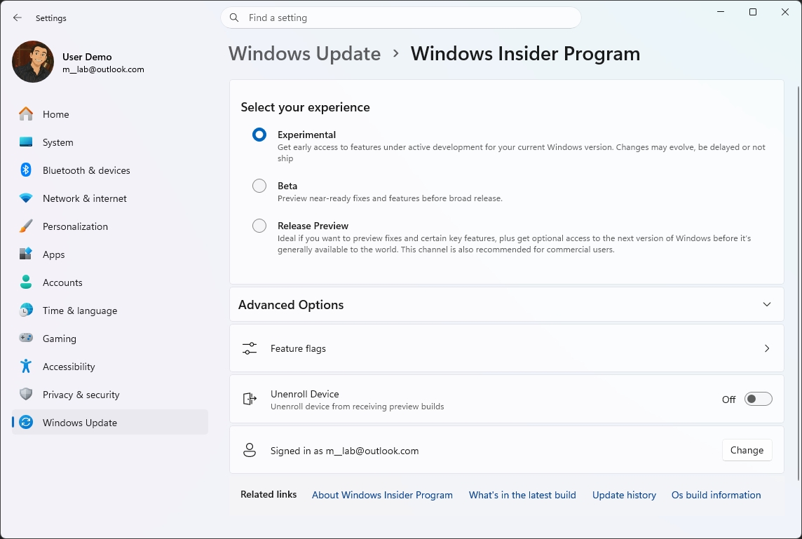 Settings page of the Windows Insider Program. User is selecting "Experimental" option. Left sidebar lists settings like System and Privacy.