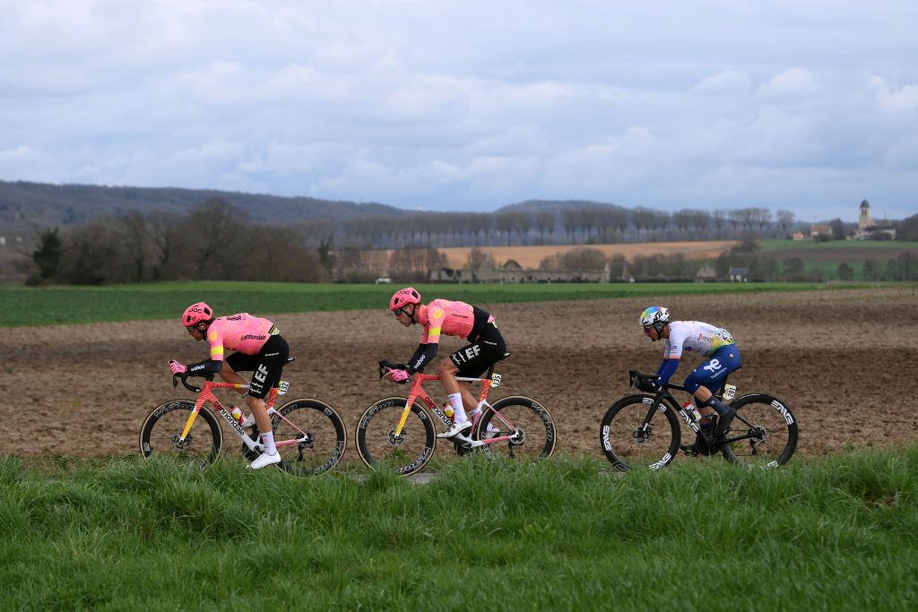 LES MUREAUX FRANCE MARCH 03 LR Stefan Bissegger of Switzerland Jonas Rutsch of Germany and Team EF Education EasyPost and Mathieu Burgaudeau of France and Team TotalEnergies compete in the breakaway during the 82nd Paris Nice 2024 Stage 1 a 1577km stage from Les Mureaux to Les Mureaux UCIWT on March 03 2024 in Les Mureaux France Photo by Alex BroadwayGetty Images