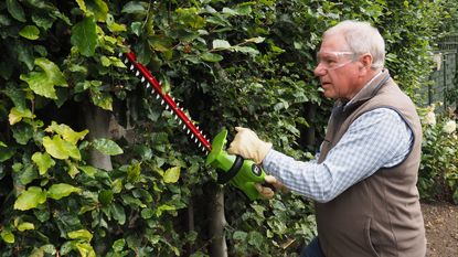 man cutting a hedge with a Greenworks cordless hedge trimmer