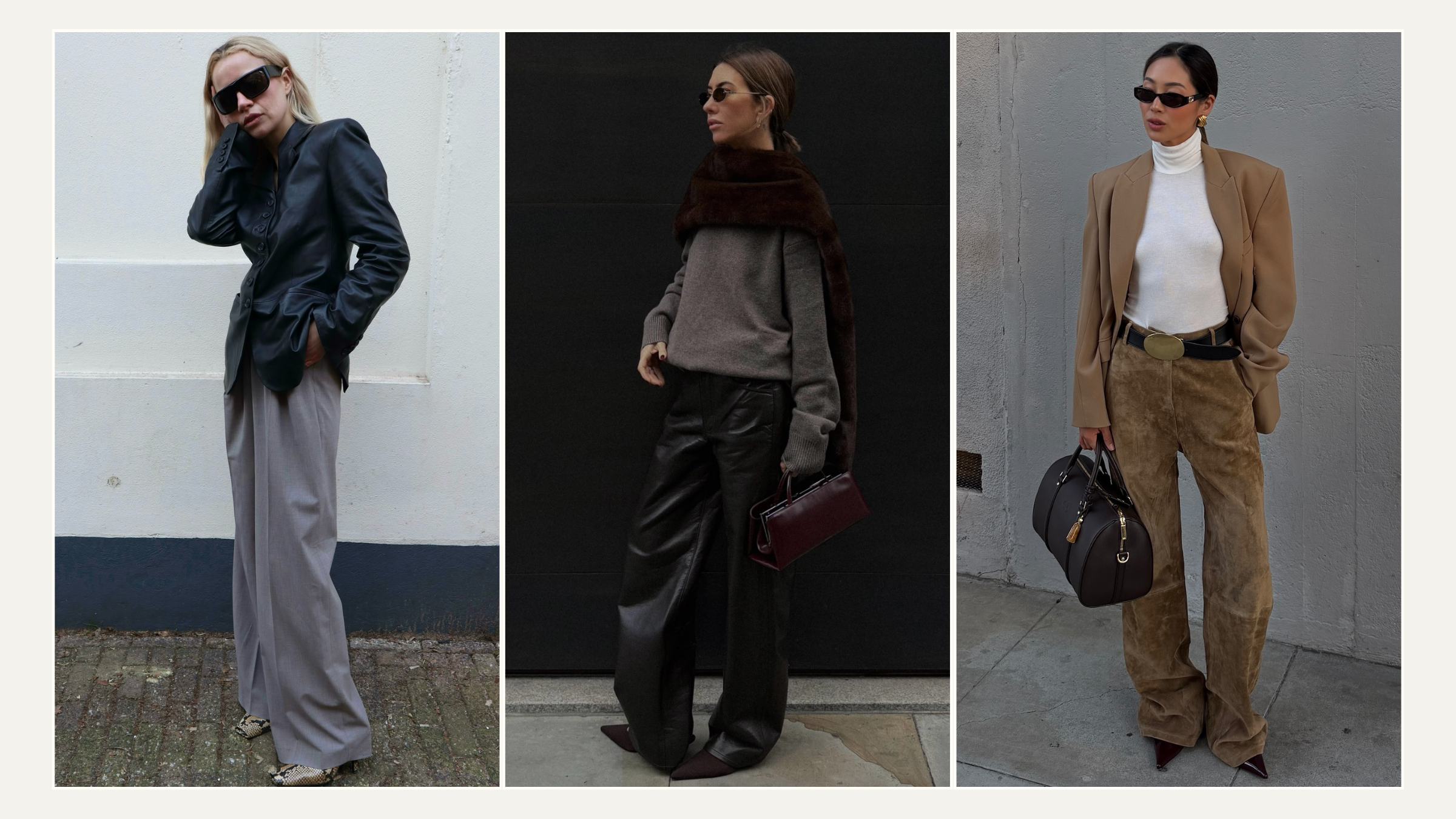 Stephanie Broek in grey trousers, Hannah Lewis in leather trousers, Aimee Song in suede trousers.
