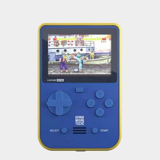 Super Pocket Capcom edition handheld with Street Fighter 2 gameplay on screen and grey backdrop