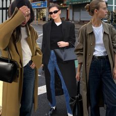fashion collage featuring three style influencers including Mimi Nguyen, Coco Schiffer, and Clara Dyrhauge wearing chic basics like straight-leg jeans, oversize coats, V-neck sweaters, and white T-shirts