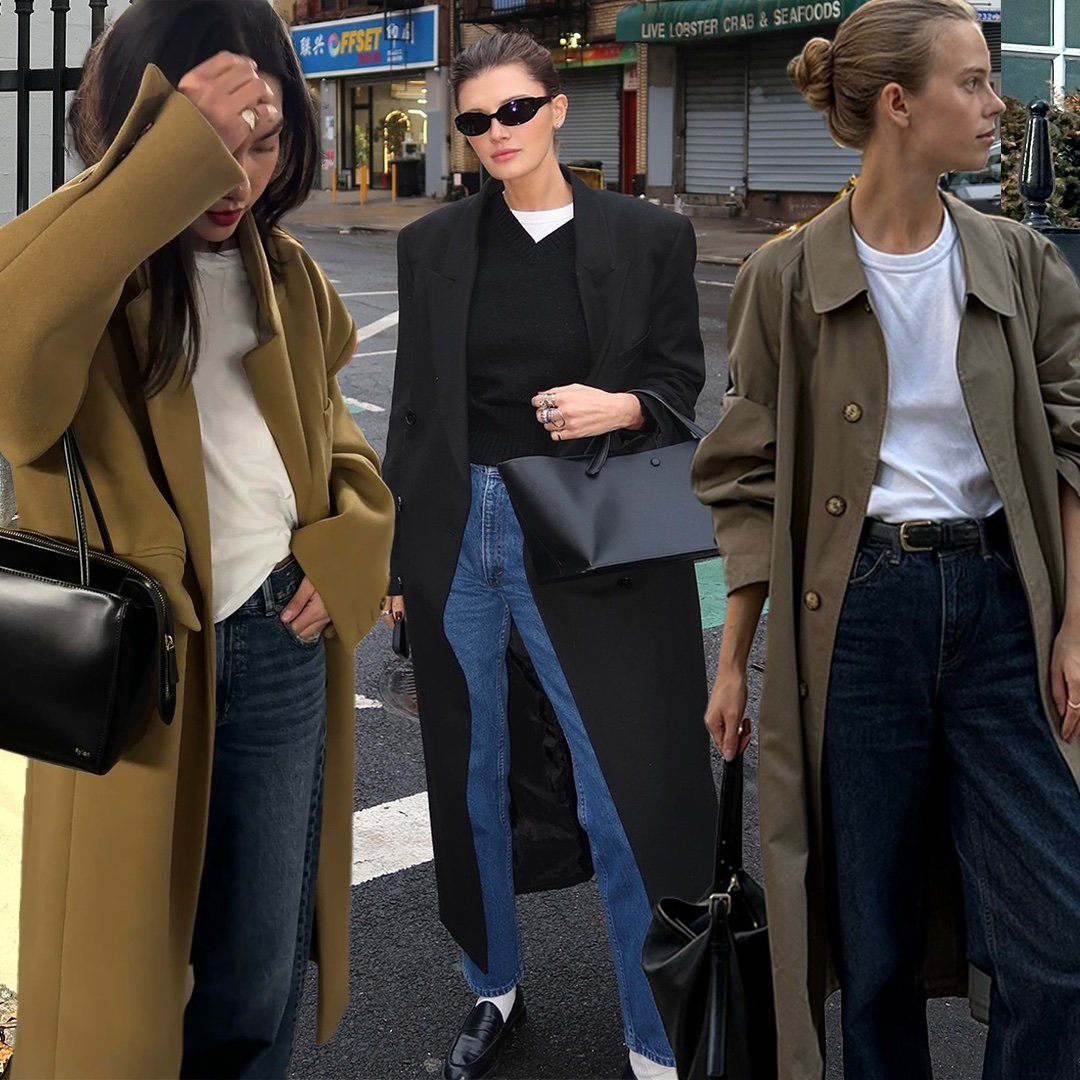 fashion collage featuring three style influencers including Mimi Nguyen, Coco Schiffer, and Clara Dyrhauge wearing chic basics like straight-leg jeans, oversize coats, V-neck sweaters, and white T-shirts