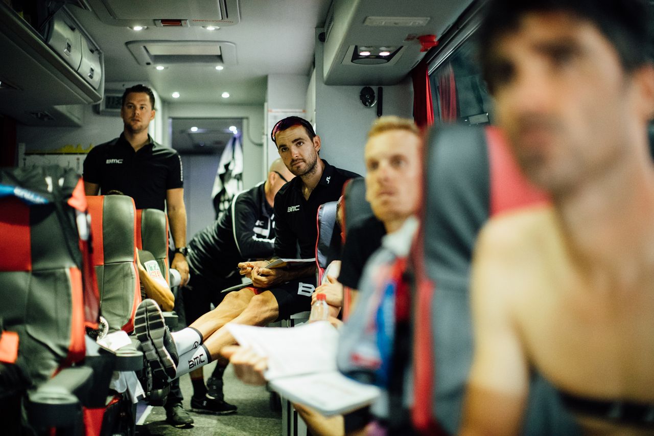 Team briefing on the BMC bus.