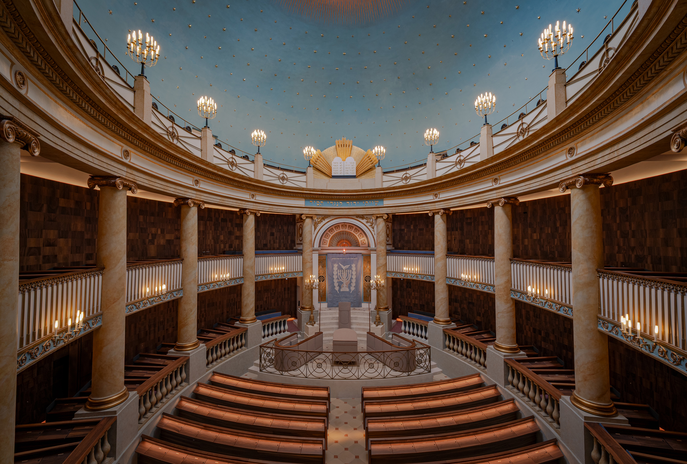 interior of restored Viennese synagogue, decorative and luxuriously detailed