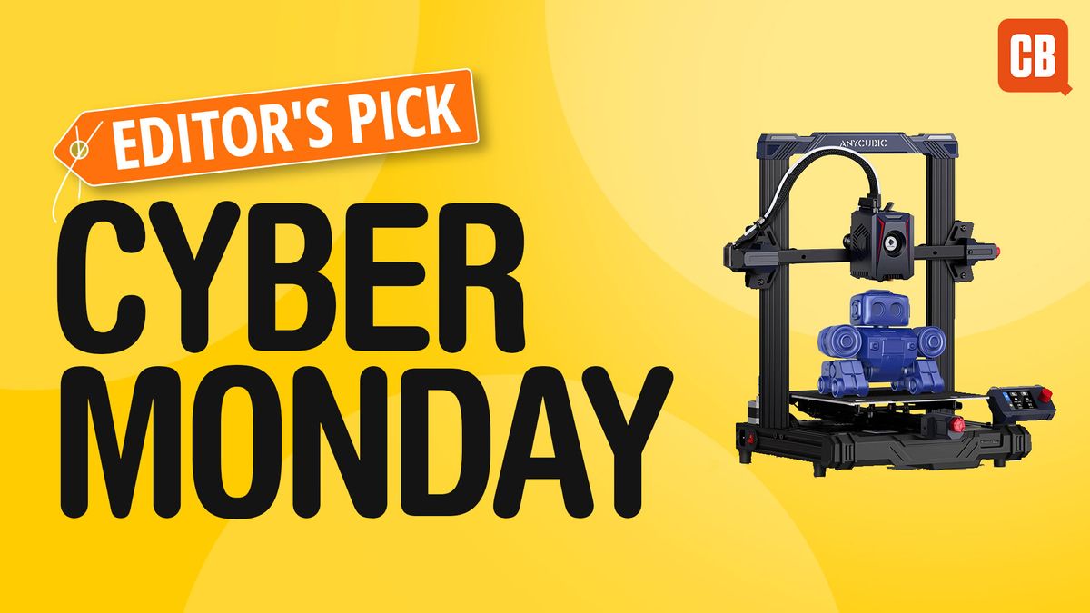 AnyCubic 3D printer on a yellow background that says Editor&#039;s Pick Cyber Monday