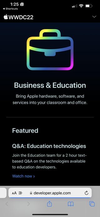 Screenshot showing the "Business & Education" topic open on developer.apple.com after being opened by Shortcuts.