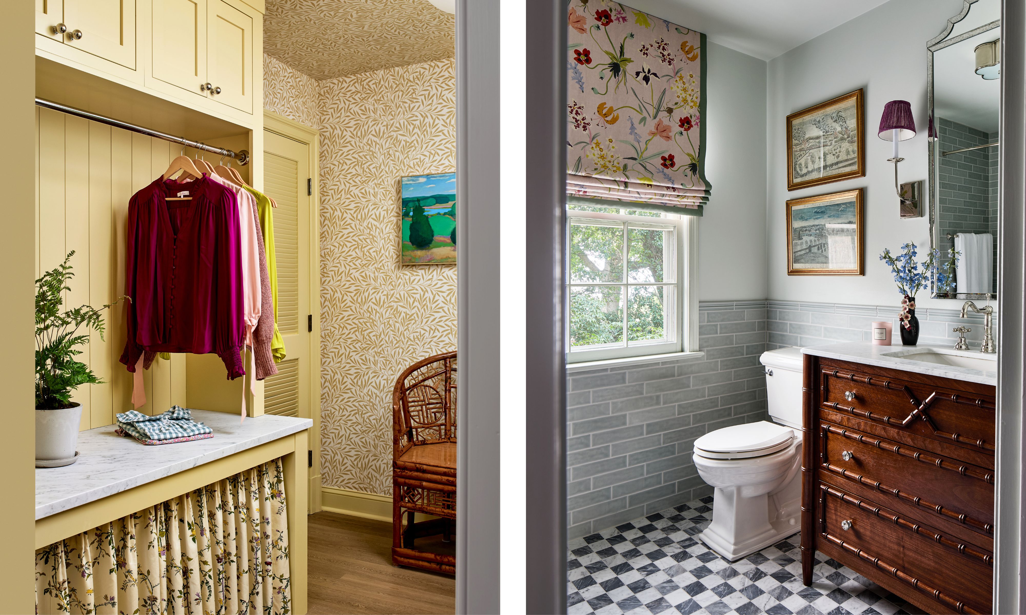 An image of a yellow-drenched laundry room next to an image of a guest bedroom with checker board flooring