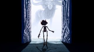 A silhouette of Pinocchio looking at a mystical creature wearing a mask in a doorway as his shadows reflects behind him.