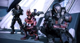 A squad of operatives in Mass Effect 3's multiplayer mode.