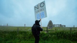 Man protesting the proposed Stonehenge tunnel