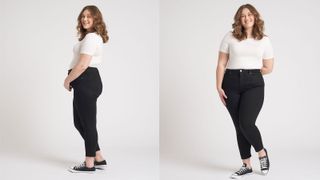 composite of woman in black high rise jeans