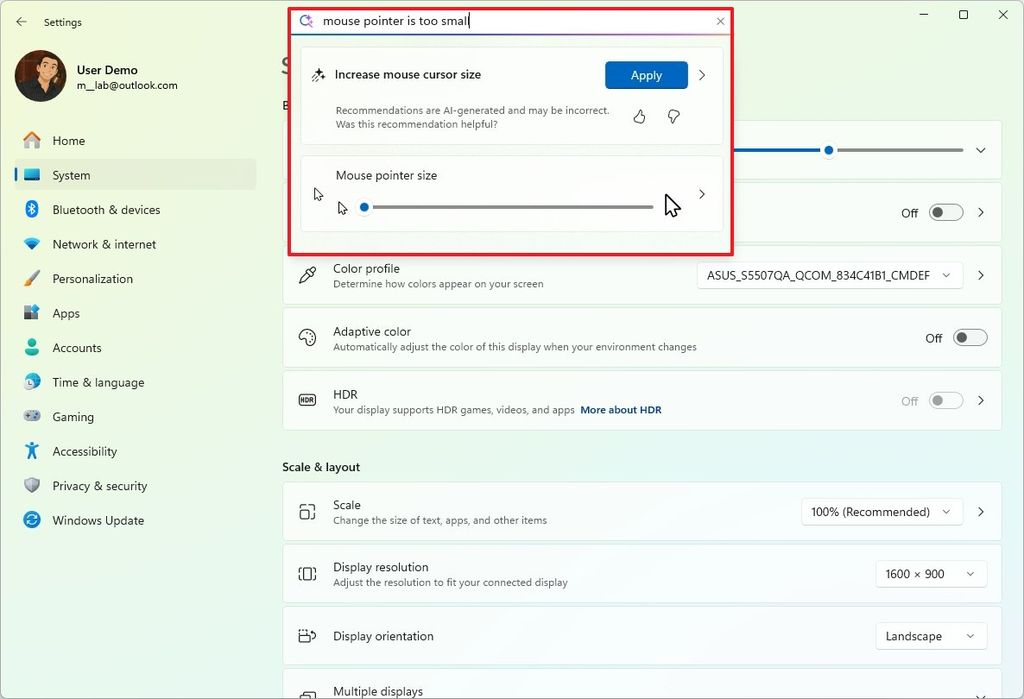 Windows 11 AI agent in Settings
