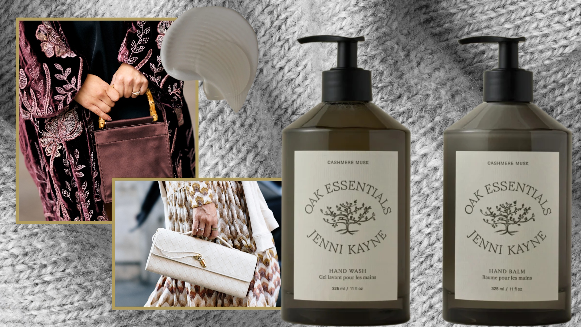 jenni kayne oak essentials hand wash and balm on a gray cashmere scarf next to two photos of women carrying boxy handbags
