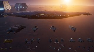 ビデオゲームHomeworldの画像を押す3.ここでは、画像の上半分を満たす1つの大きな宇宙船から、4つの中型宇宙船、そして多くの小さなスカウトのような宇宙船から、さまざまな宇宙船の艦隊全体が形成されています。
