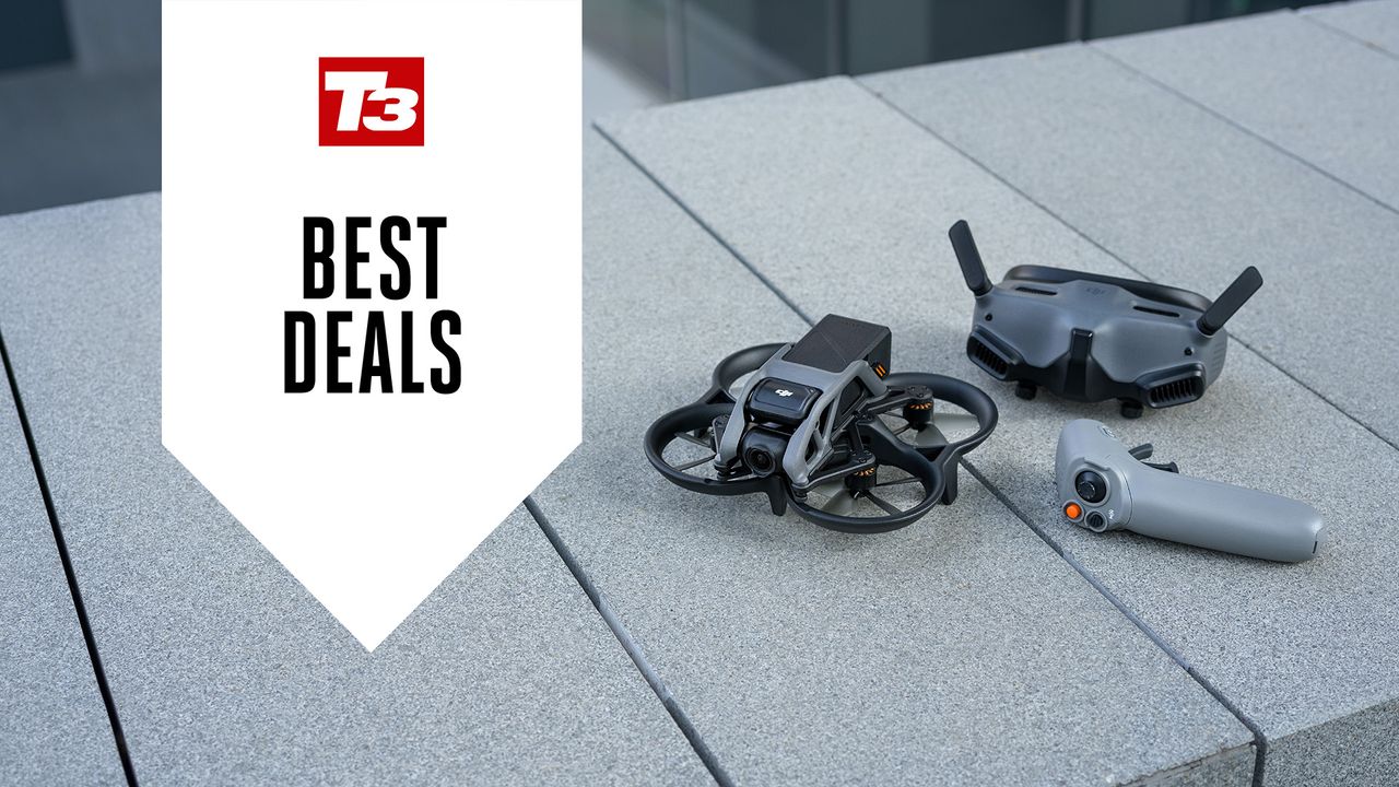 DJi Avata drone and DJI Goggles on the ground with deals overlay