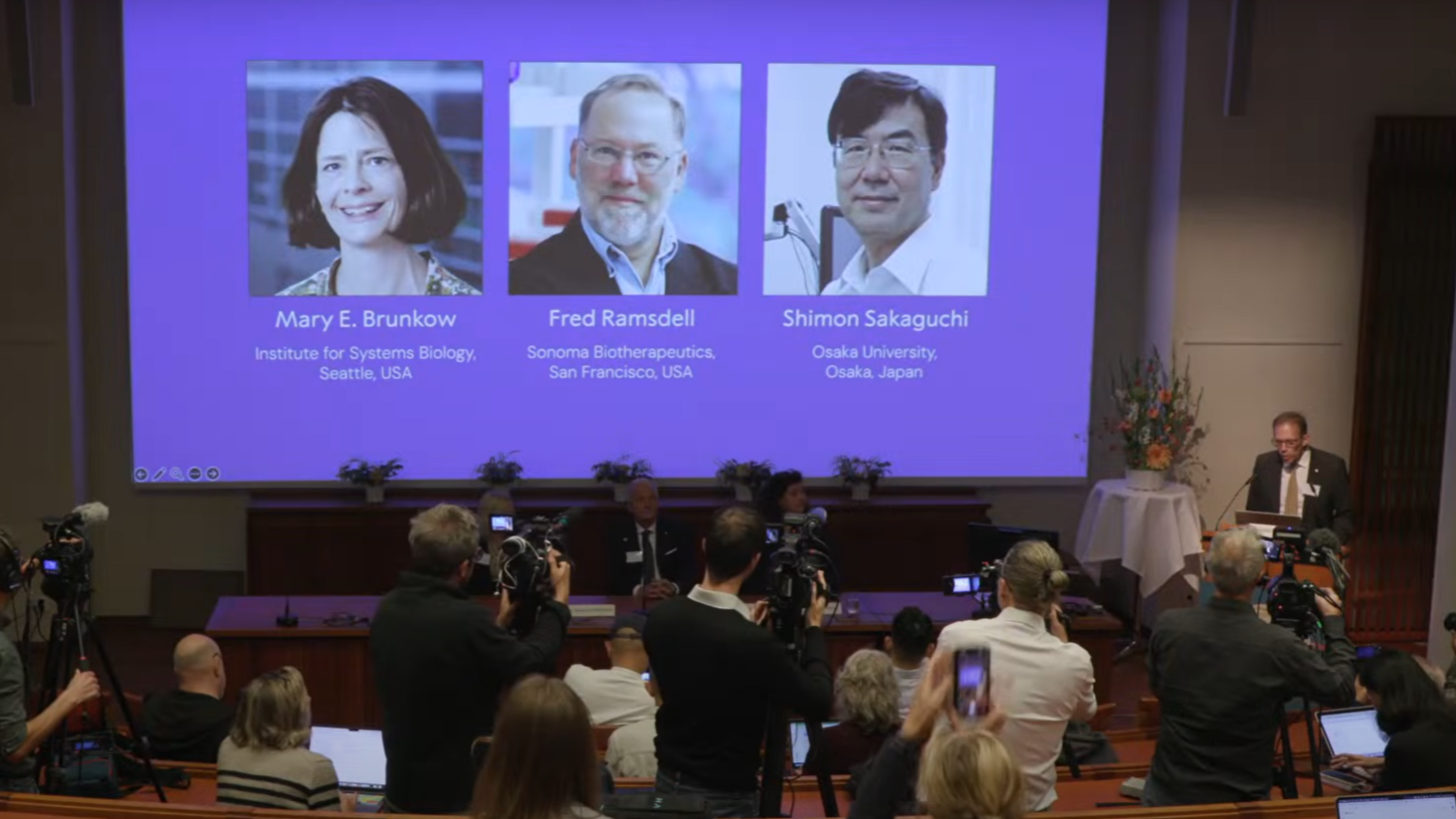 Mary E. Brunkow (left), Fred Ramsdell (center) and Shimon Sakaguchi (right) were announced as Nobel laureates during a ceremony at the Karolinska Institute in Sweden on Oct. 6.