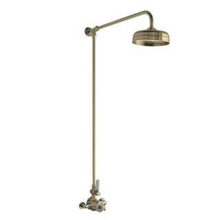 A brass thermostatic shower with a large showerhead