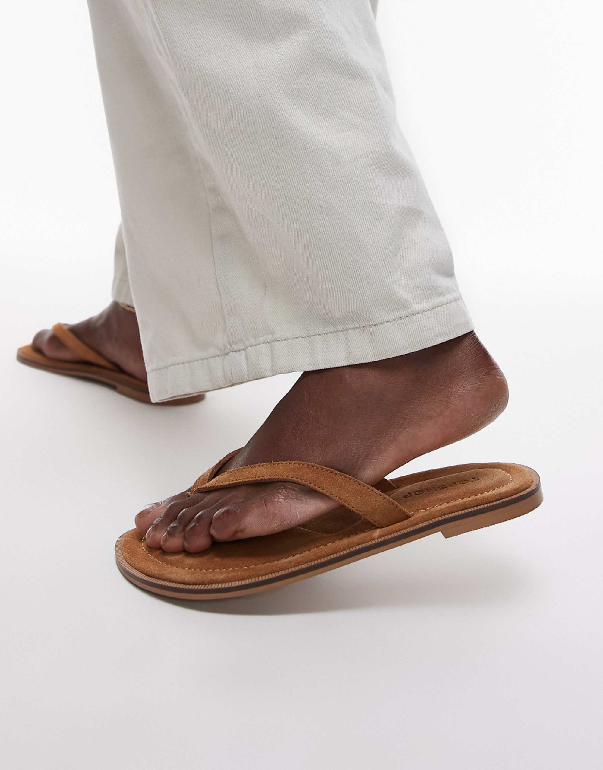 Topshop Jay Real Suede Toe Thong Flat Sandal in Tan