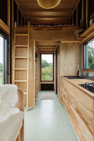 Inside a tiny home made with hemp insulation