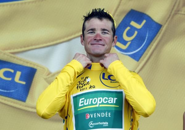 Thomas Voeckler (Europcar) pulls on another yellow jersey