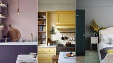 purple kitchen, yellow kitchen, gray bedroom