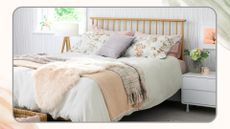 Neutral bedroom with a wooden bed layered with soft pastel bedspreads and cushions