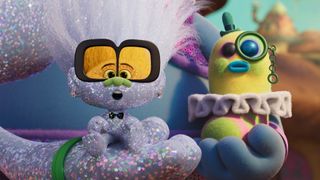 Tiny Diamond and Mr. Dinkles in a still from Trolls Band Together