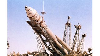 The Vostok 3KA-3 spacecraft (Vostok 1) awaits the launch of Yuri Gagarin on April 12, 1961, which would make him the first human to travel into space.