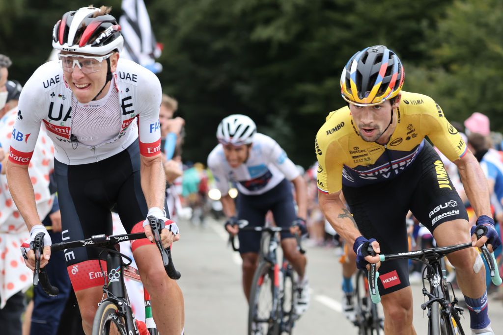 Team UAE Emirates rider Slovenias Tadej Pogacar L and Team Jumbo rider Slovenias Primoz Roglic ride during the 9th stage of the 107th edition of the Tour de France cycling race 154 km between Pau and Laruns on September 6 2020 Photo by KENZO TRIBOUILLARD AFP Photo by KENZO TRIBOUILLARDAFP via Getty Images