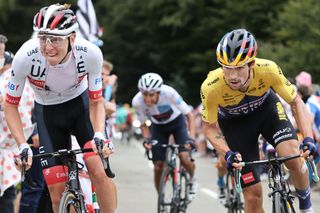 Team UAE Emirates rider Slovenias Tadej Pogacar L and Team Jumbo rider Slovenias Primoz Roglic ride during the 9th stage of the 107th edition of the Tour de France cycling race 154 km between Pau and Laruns on September 6 2020 Photo by KENZO TRIBOUILLARD AFP Photo by KENZO TRIBOUILLARDAFP via Getty Images