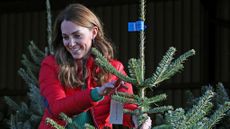 Catherine, Princess of Wales holds up a Christmas tree during a visit to Peterley Manor Farm
