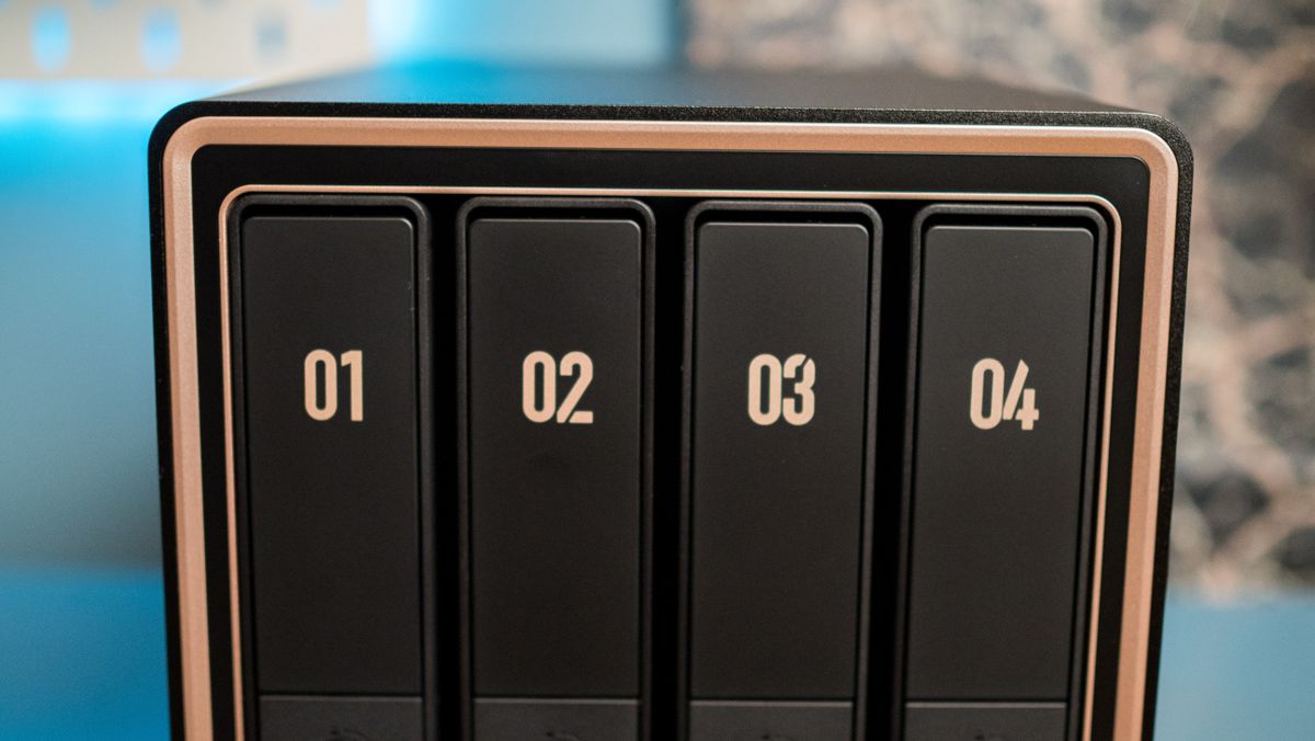 UGREEN DXP4800 GT 4-bay NAS on an IKEA shelf showcasing the design at the front