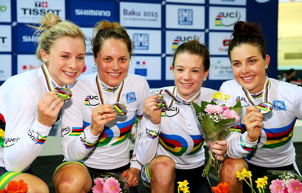 PARIS, FRANCE - FEBRUARY 19: Australia Gold in the Women&#039;s Team Pursuit Final during day two of the UCI Track Cycling World Championships at the National Velodrome on February 19, 2015 in Paris, France. (Photo by Alex Livesey/Getty Images)