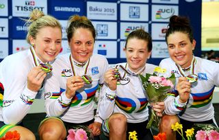 PARIS, FRANCE - FEBRUARY 19: Australia Gold in the Women's Team Pursuit Final during day two of the UCI Track Cycling World Championships at the National Velodrome on February 19, 2015 in Paris, France. (Photo by Alex Livesey/Getty Images)