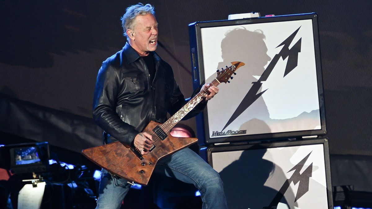 James Hetfield of American heavy metal group Metallica performing live on stage at the M.E.N. Arena in Manchester on February 27, 2009. Hetfield is playing a Ken Lawrence Explorer guitar