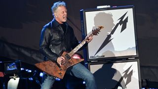 James Hetfield of American heavy metal group Metallica performing live on stage at the M.E.N. Arena in Manchester on February 27, 2009. Hetfield is playing a Ken Lawrence Explorer guitar