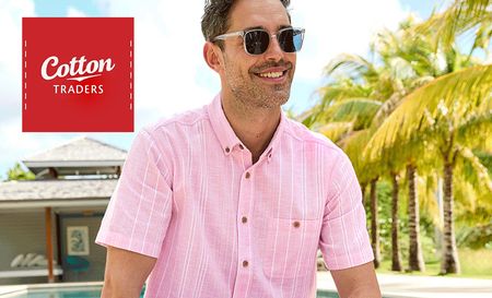 Man wearing cotton trader's pink button up short sleeved shirt