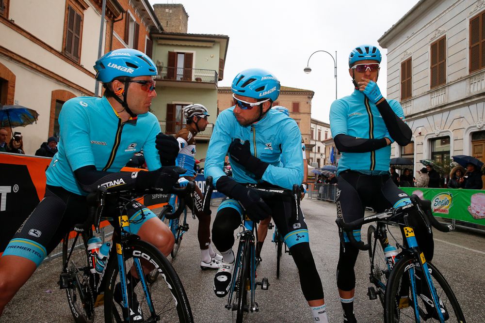 Astana riders gather before the start of stage 5 at Tirreno-Adriatico