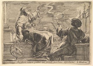 An etching by French artist Pierre Brebiette (c. 1615 - 42) depicting two ancient philosophers contemplating an eclipse.