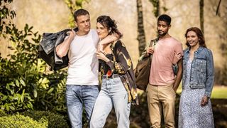 Danny (played by Sam Heughan) and Becky (Jessica de Gout) and Pete (Alfred Enoch) and Evie (Eleanor Tomlinson) on a double date in "The Couple Next Door"