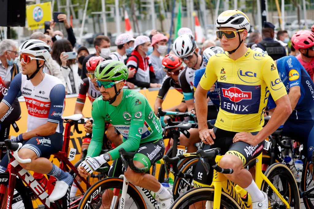 PONTIVY FRANCE JUNE 28 Julian Alaphilippe of France and Team Deceuninck QuickStep Green Points Jersey Mathieu Van Der Poel of The Netherlands and Team AlpecinFenix yellow leader jersey at start during the 108th Tour de France 2021 Stage 3 a 1829km stage from Lorient to Pontivy LeTour TDF2021 on June 28 2021 in Pontivy France Photo by Chris GraythenGetty Images