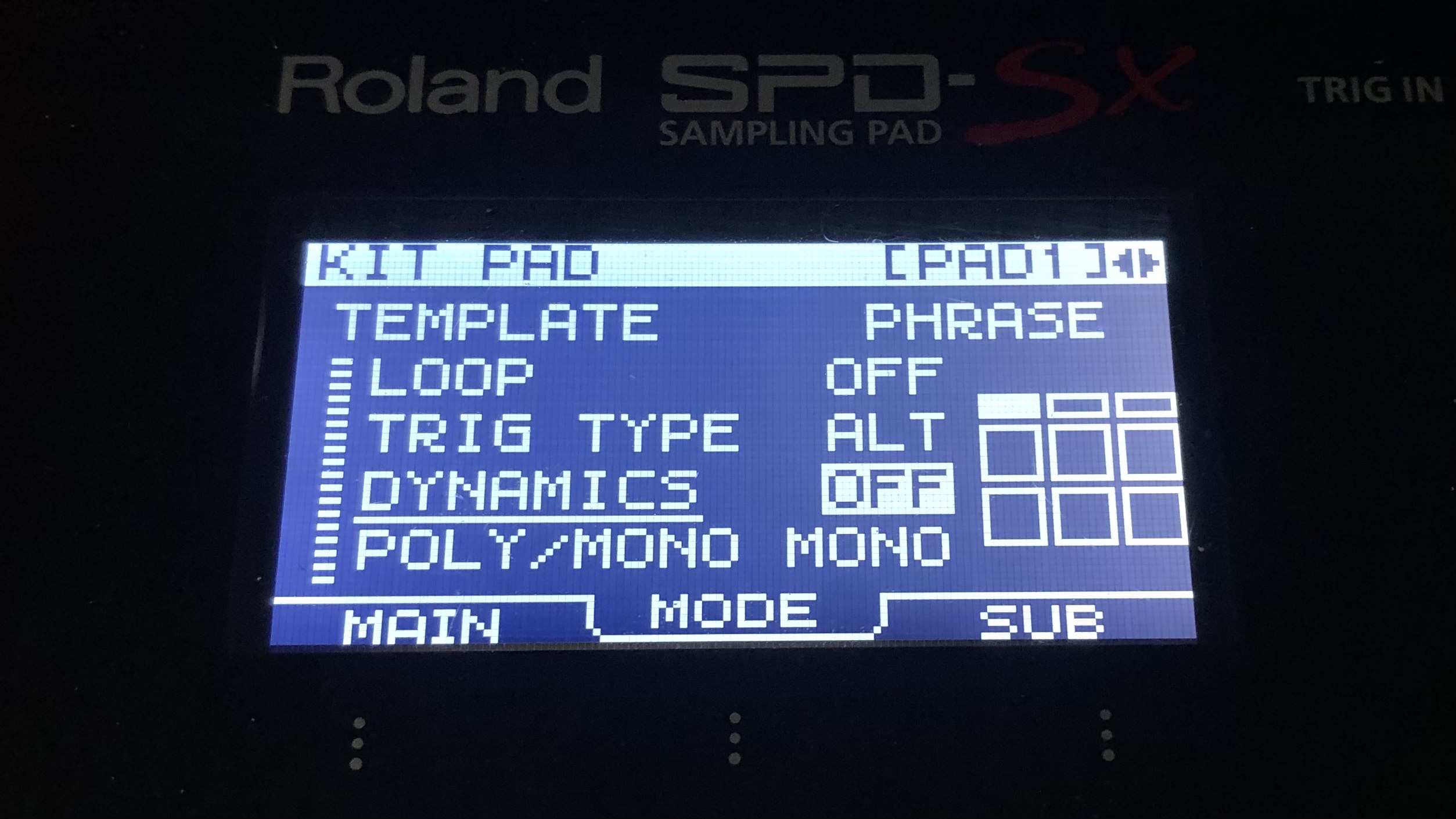 Roland SPD-SX menu