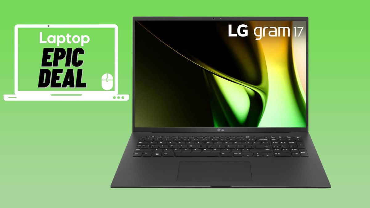 Black LG gram 17 laptop against green gradient background