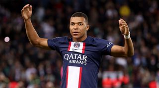PSG forward Kylian Mbappe celebrates after scoring the winning goal for his team during the Ligue 1 match between PSG and Nice on 1 October, 2022 at the Parc des Princes, Paris