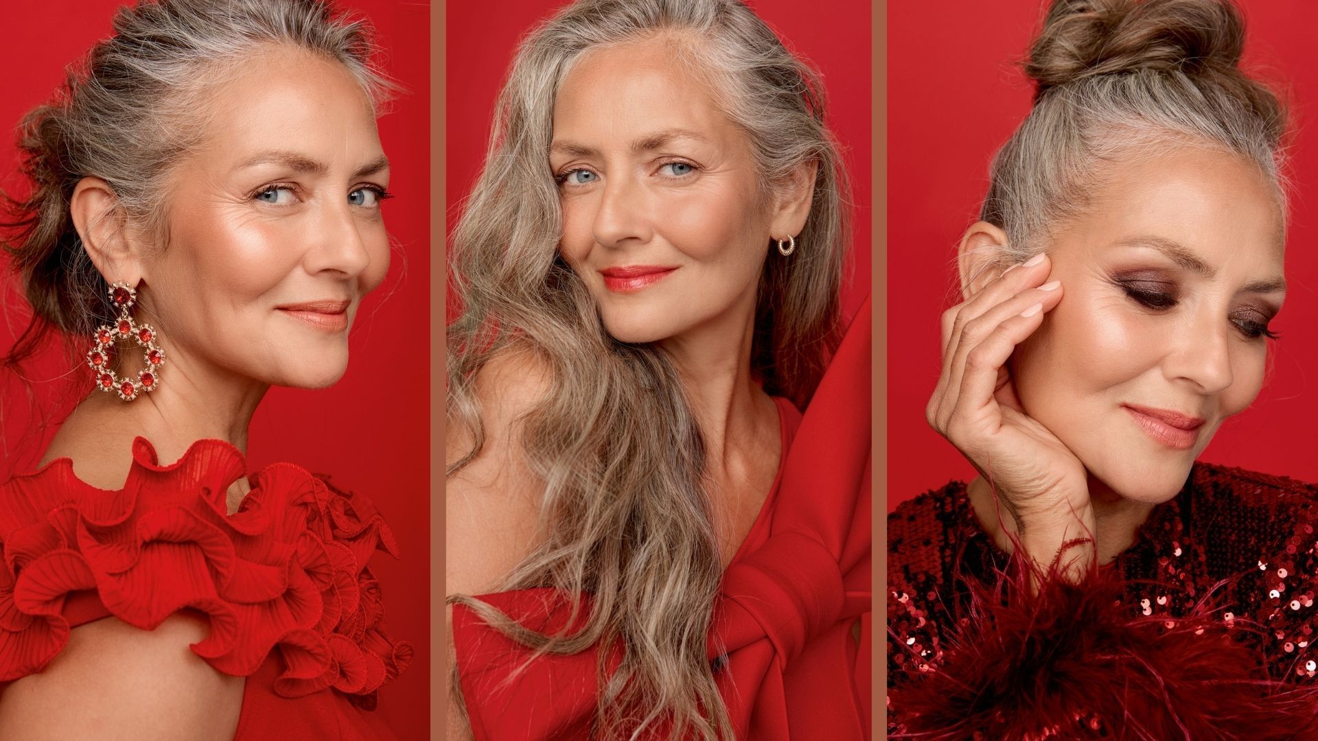 woman uses long hair as christmas dress Luxury Mrs. Claus Dress: Red Christmas Maxi Dress With White Fur