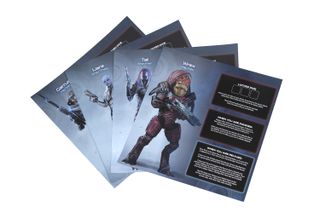 The "downed" side of four of the character sheets in the board game Mass Effect: Priority Hagalaz.