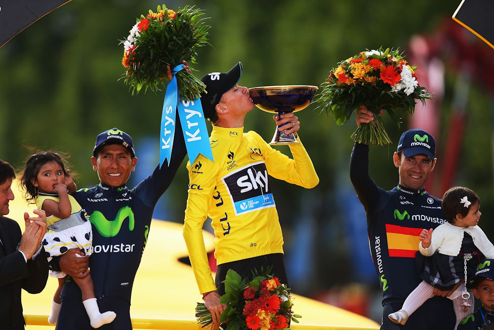 Nairo Quintana and Alejandro Valverde flank Chris Froome on the final Tour de France podium.